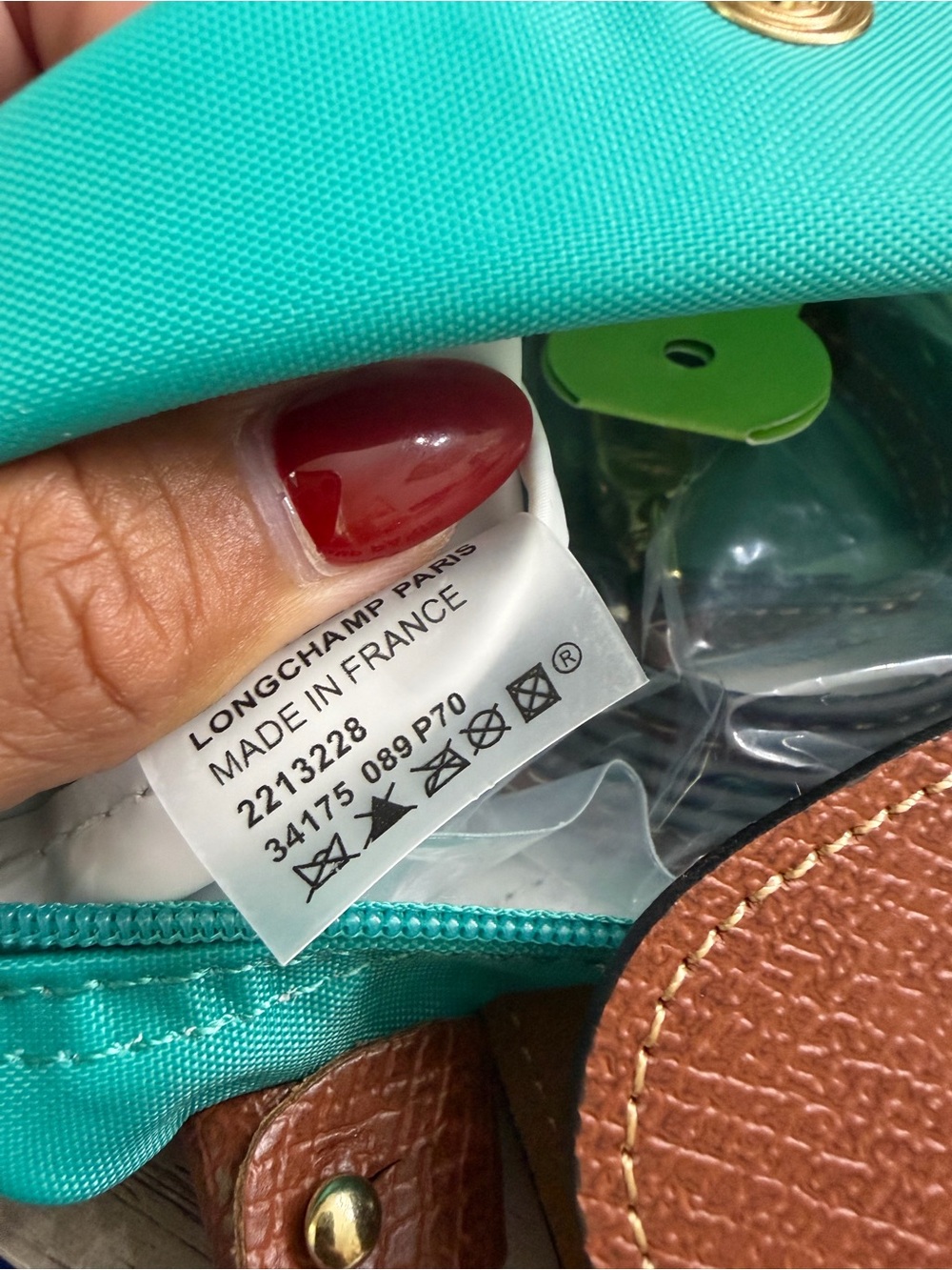 Longchamp Turquoise Nylon Tote with Brown Leather Trim